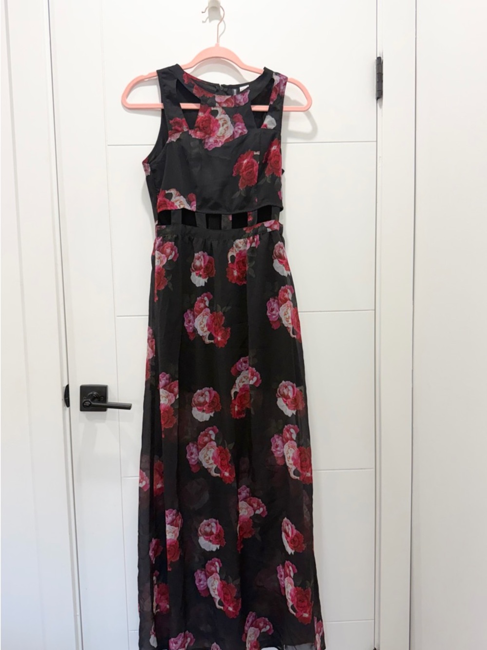 Divided Black Maxi Dress with Red and Pink Floral Print